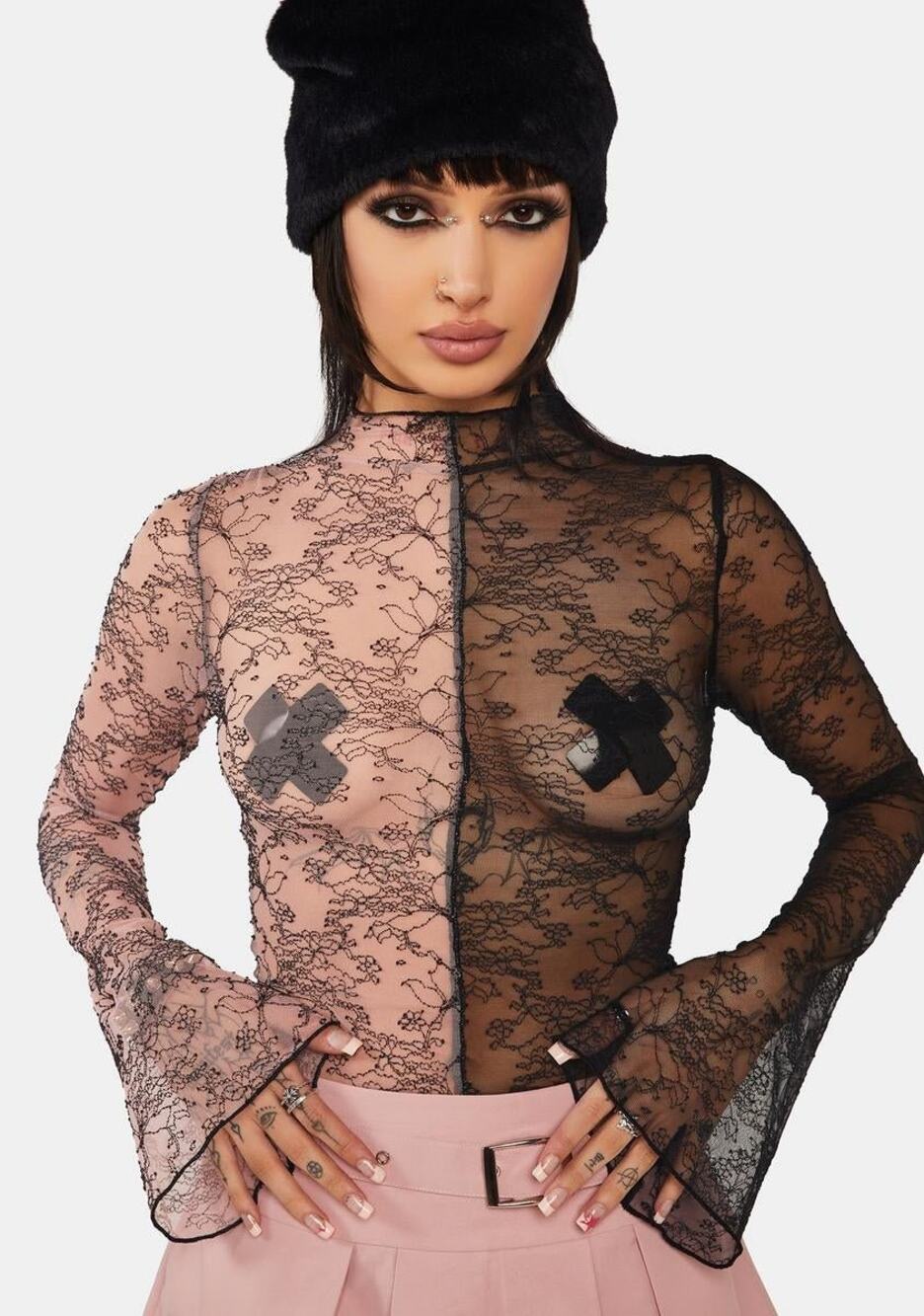 Punk Rave Poison Ivy Sheer Mesh Split Long-Sleeve Top in Black& Pink, Size M/L